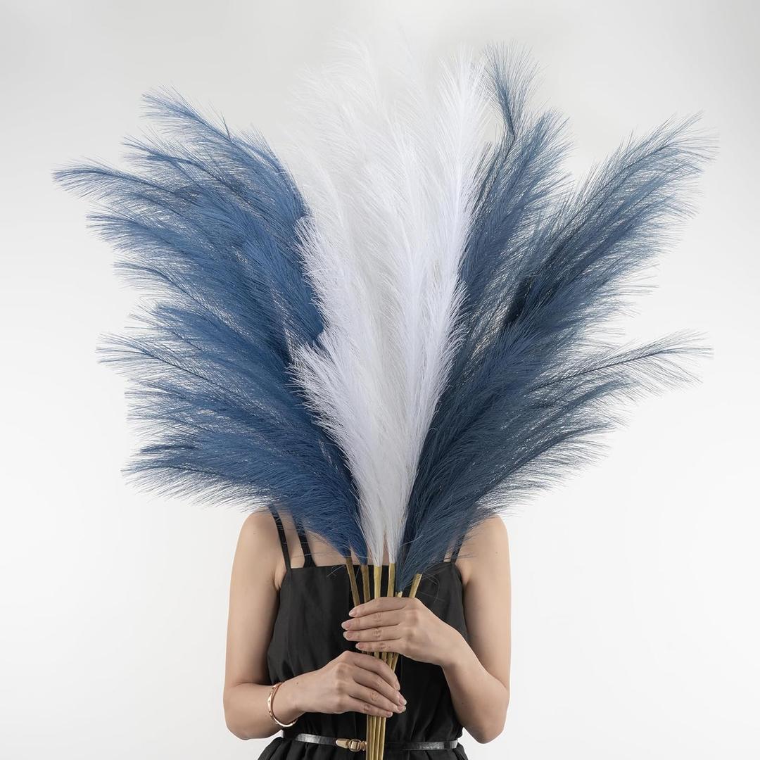 Pampas Grass Decor Tall, 43"/110cm Faux Pampas Grass 6 Stems Large Pompass Grass Branches Tall Bulk Boho Flower Arrangement for Home Room Wedding Party Decor (Blue & White & Indigo)