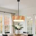 19" Boho Rattan Chandelier, Hand-Woven Wicker Drum Light Fixture 3-Light | Vintage Farmhouse Woven Pendant Light, E26 Base 40W Max, Height Adjustable, Dimmable, for Dining Room Kitchen Living Room
