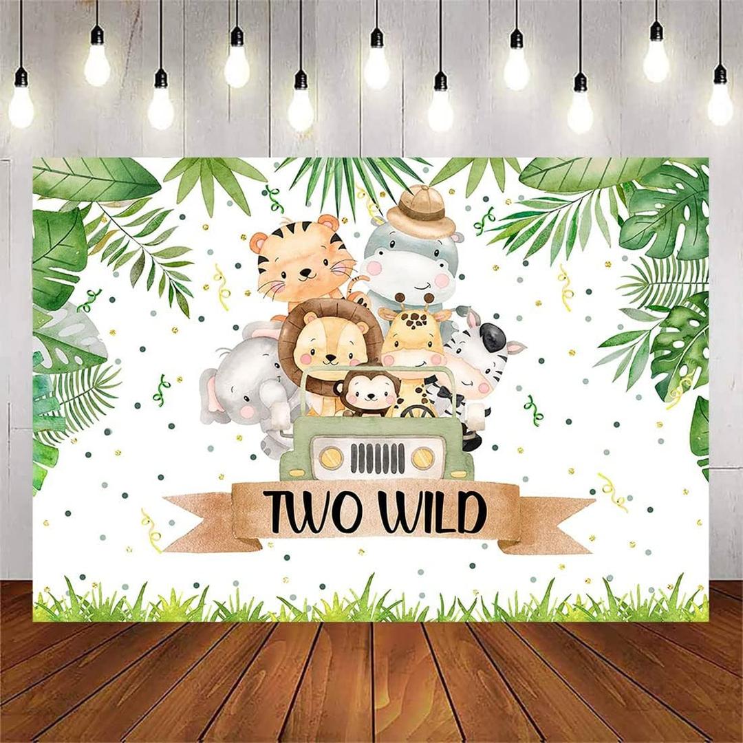 Avezano Safari Two Wild Birthday Backdrops Boys Jungle Animals Theme 2nd Birthday Party Banner Decorations Zoo Tropical Leaves 2 Years Old Photography Background (5x3ft)
