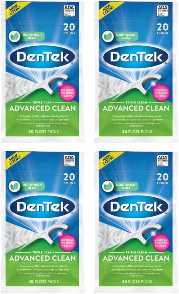 DenTek Triple Clean Advanced Clean Floss Picks, No Break No Shred Floss, Dental Flossers for Plaque Removal, Mouthwash Blast, Oral Care, 20 Count (Pack of 4)