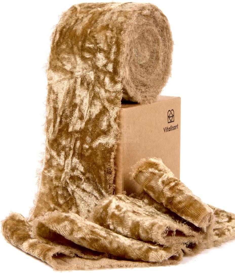 2 x Vitalizart Khaki Velvet Ribbon 2" Christmas Handmade Frayed Edges Glossy Ribbon for Gift Wrapping Tree Ornaments Wreath Garland Holiday Decorations 3 Yd Brown