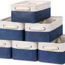 Bidtakay Small Canvas storage baskets with Handles [6 Pack] Navy Blue Fabric Storage Bins 11.8 x 7.8 x 5 inches Decorative storage baskets for Shelves, Closet, Nursery (White&Blue)