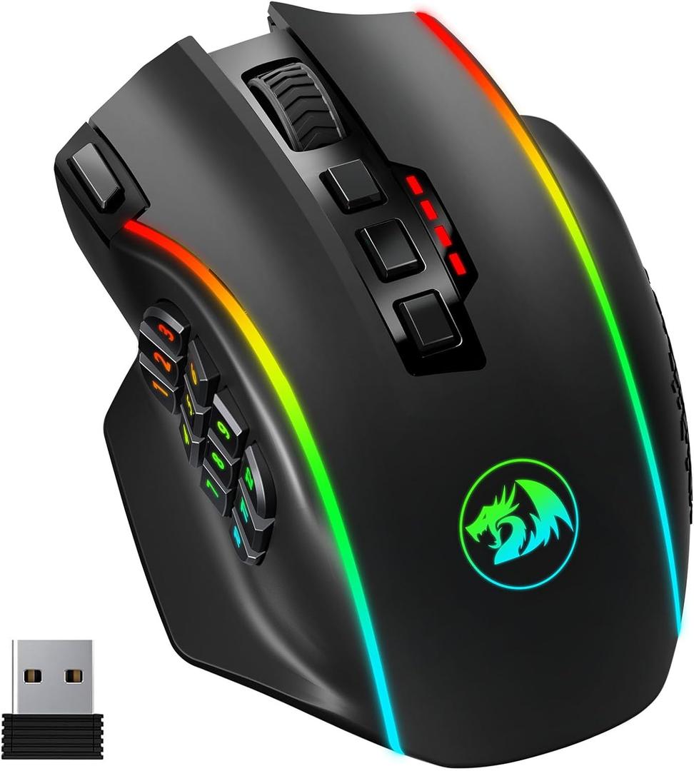 Redragon Wireless Gaming Mouse, MMO Gaming Mouse UP 16,000 DPI, 16 Macro Programmable Buttons, RGB Rechargeable with 12 Side Buttons, 70Hrs for PC Laptop MOBA FPS, M901P-KS (M901PKS, black)