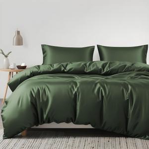 Linenwalas Tencel Lyocell Duvet Cover Set, Eucalyptus Cooling Lightweight Silk Comforter Cover Set with Zipper Closure & Corner Ties (Avocado Green, King)