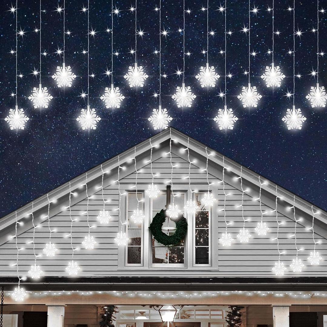 Christmas White Icicle Lights with Snowflake, 150 LED Curtain Lights with 8 Lighting Modes, Plug in Twinkle Lights for Home Christmas Wedding Party Decoration