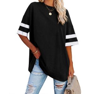 Fisoew Womens Oversized Tees Loose T Shirts Half Sleeve Crew Neck Color Block Cotton Tunic Tops (X-Large, Black)
