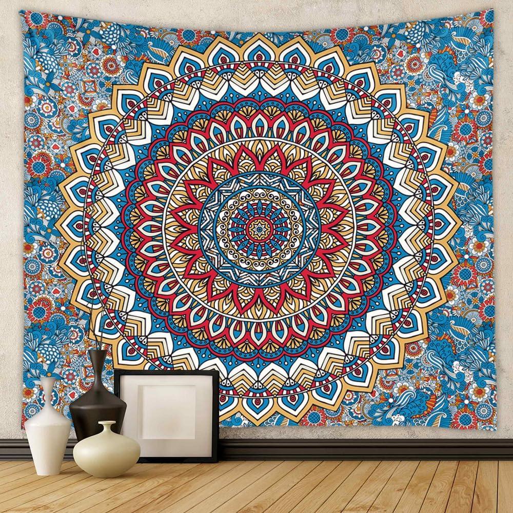 Green Mandala Tapestry Wall Hanging Indian Hippie Wall Decor Vintage Psychedelic Aesthetic Tapestries Bohemian Wall Art Boho Home Decoration for Bedroom Living Room Dorm (Off white, 51.18" x 59.06")