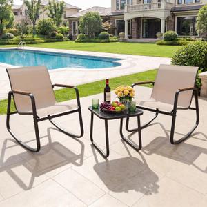 YITAHOME 3 Piece Outdoor Rocking Bistro Set, Textilene Patio Furniture Set with Wooden Armrests, Porch Chairs Set with Glass Table for Garden, Lawn, Poolside, Balcony, Beige