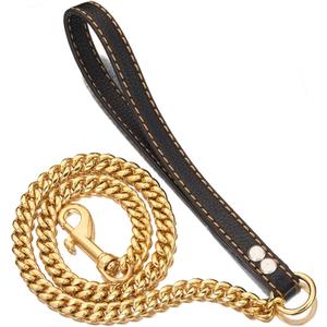 PRADOG Chain Dog Leash Metal Chew Proof 12MM Pet Leash Chain with Leather Padded Handle for Large Medium Small Dogs(Total Length of 4ft)