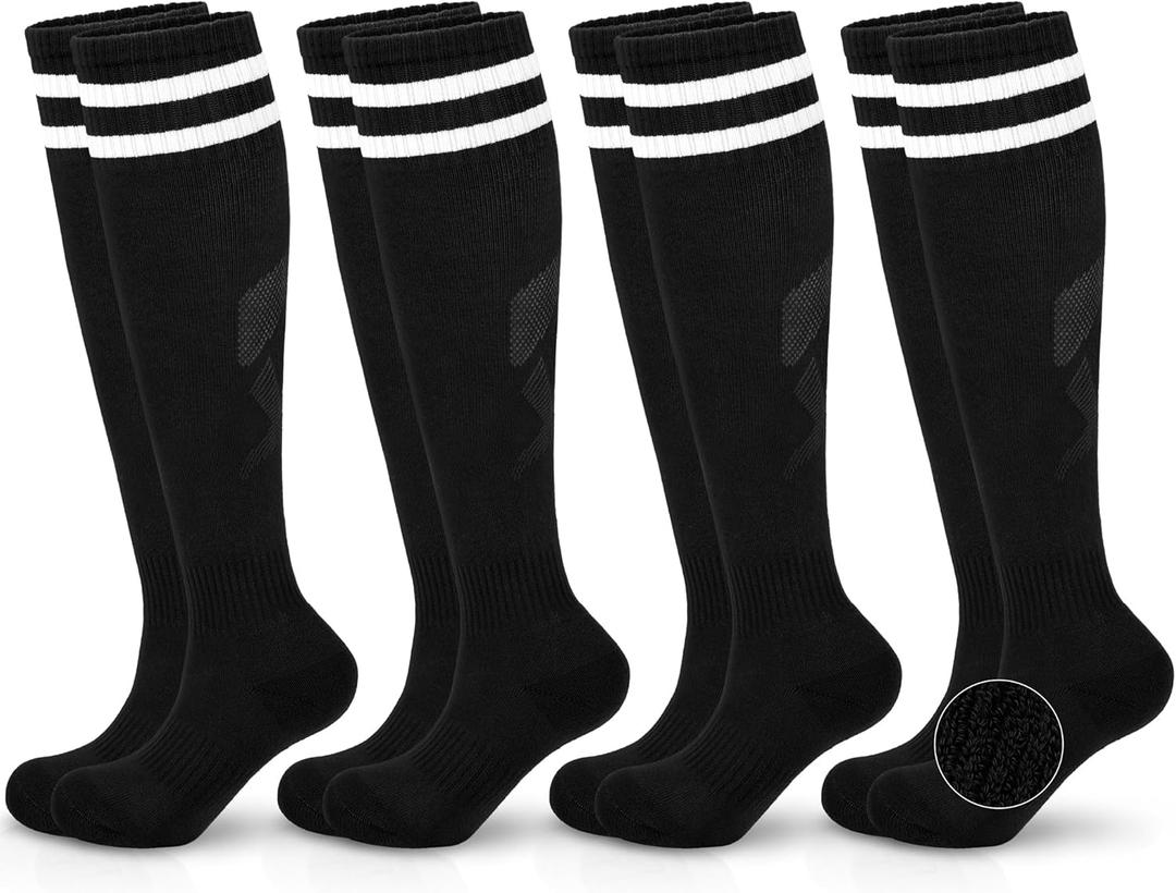 Hryrbay 4 Pairs Kids Cotton Soccer Socks Cushion Striped Baseball Uniform Boys World Cup Sock Toddler Girls Knee High Socks (6-9 Years, Black)