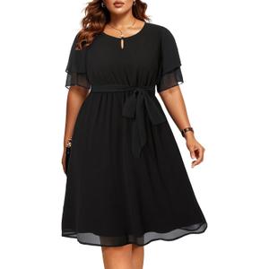 Pinup Fashion Plus Size Dresses for Wedding Guest - Semi Formal Cocktail Chiffon Keyhole Neck Knee Length Dress (Black), 20
