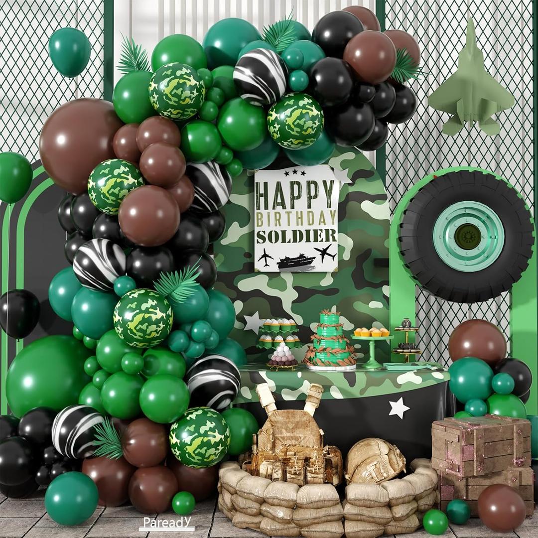 Paready Camouflage Balloon Arch, 120 Pcs Military Camo Balloon Arch Garland, Camo Dark Green Print Agate Black Brown Balloons for Boys Men Birthday Army Military Hunting Camping Theme Party Decoration