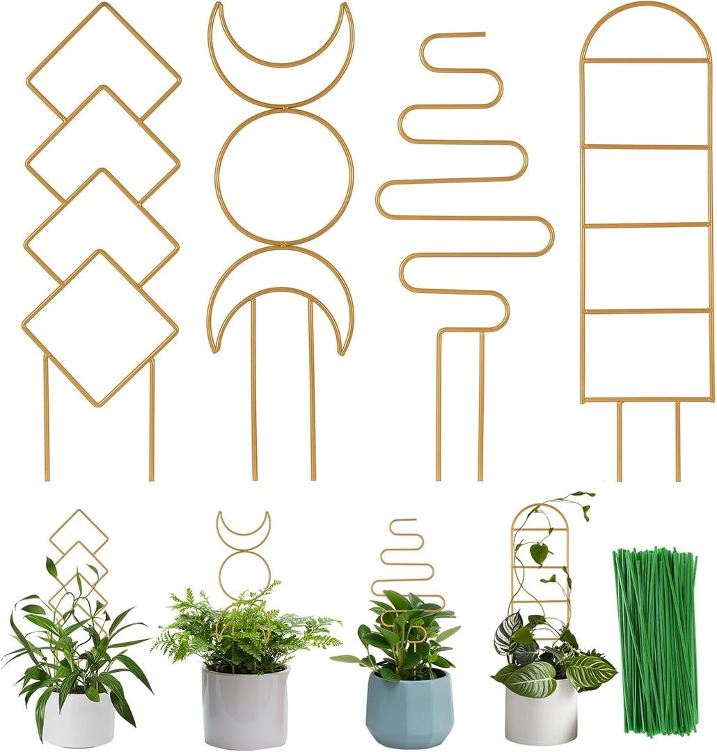 Indoor Plant Trellis for Potted Plants, 16inch Gold Small Trellis for Climbing Plants Outdoor Garden Metal Trellis with Different Patterns for Vine Ivy Flower Plant Support 4 Pack