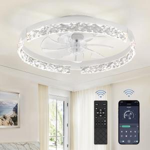 LEDIARY 20 Inch Low Profile Ceiling Fans with Lights and Remote, Fandelier Ceiling Fan Flush Mount, 3000K-6000K Dimmable LED Fan Light, White Modern Ceiling Fans with Lights for Bedroom