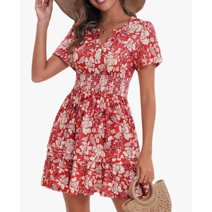 VETIOR Somerset Mini Dress Older Person Friendly Womens Elastic Smocked Waist Henley Neck with Ruffled Sleeves and Pockets, Small