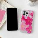 Compatible with iPhone 14/15 Plus Case, Cute Aesthetic Sparkle Hot Pink Oil Painting Floral Flowers Cover for Women, Shockproof Slim Soft TPU Protective Phone Case