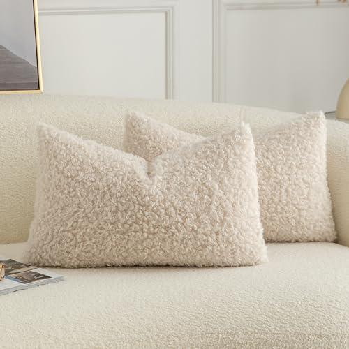 Joyouth Pack of 2 Curly Teddy Wool Faux Fur Throw Pillow Covers Fuzzy Accent Soft Sherpa Pillowcases Sheepskin Fleece Decorative Cushion Case for Sofa Couch Living Room 12x20 Inch Neutral Light Beige