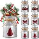 Domensi 6 Pcs Christmas Flower Vases for Table Centerpieces Bulk 5.12 Inch Rustic Metal Galvanized Flower Buckets with Bow Farmhouse Buffalo Plaid Xmas Milk Can Jug for Kitchen Dining Table Decor