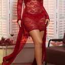 acelyn Womens Sexy Floral Lace Bodycon Mini Dress Long Sleeve Mock Neck Cocktail Party Birthday Club Dress (Red, L)