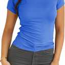 Dwnval Womens Basic Summer Short Sleeve Crewneck T Shirt Raglan Ribbed Knitted Slim Fit Casual Going Out Tops (Blue, XL)
