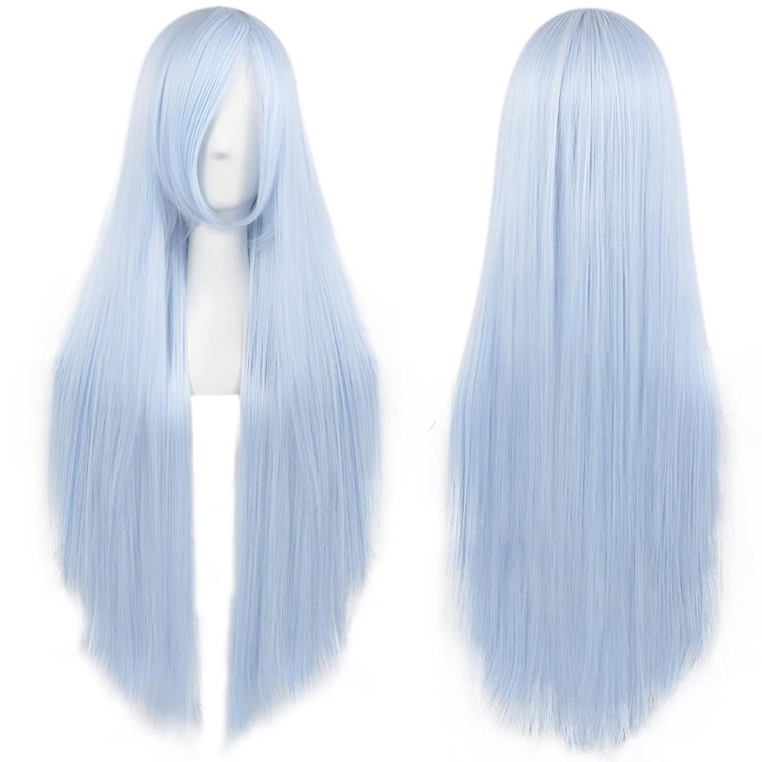 ANOGOL Hair Cap+32Inch/80cm Long Silver Blue Wig For Women Cosplay Wig, peluca azul Colored Wigs For Anime Cosplay Women Halloween Costumes, Light Blue Wig Straight Wig For Halloween Party