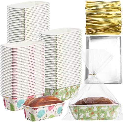Teenyyou 50 Sets Paper Loaf Pan for Baking 6.3 x 2.2 x 2.2 Inch Disposable Mini Loaf Pan Liners with Clear Plastic Bags and Ties Rectangle Baking Mold for Bread Cake Bakery(Classic Style)