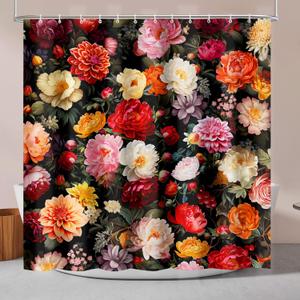 Lokigo Black Floral Shower Curtain, Spring Summer Colorful Flowers Shower Curtain for Bathroom, Waterproof Fabric Shower Curtain Set with 12 Hooks 72x72 Inches