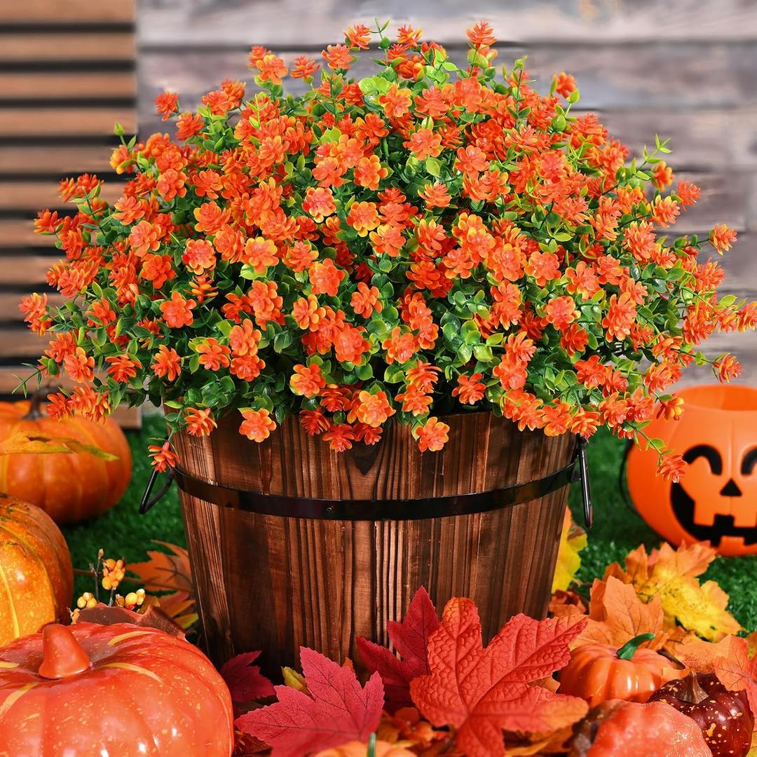 Fall Decor, Fake Mums, 24 Bundles Fall Flowers, UV Resistant Artificial Mums for Outdoors, Faux Mums for Outside, Fall Flowers Plants Artificial for Decoration For Home Porch Thanksgiving - Orange Red