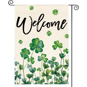 AVOIN colorlife St Patricks Day Garden Flag 12x18 Inch Double Sided Outside, Shamrocks Four-leaf Clovers Welcome Yard Outdoor Flag
