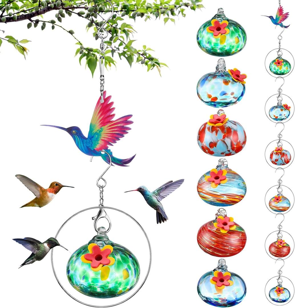 Nuogo 6 Pieces Hand Blown Glass Humming Bird Feeder Charming Wind Chimes Hummingbird Feeder Humming Bird Feeders for Outdoors Hanging Ant and Bee Proof Garden Patio Decor