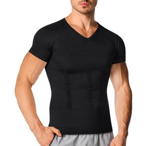 Nebility Mens Compression Shirt Shapewear V Neck Short Sleeve Body Shaper T Shirt Slimming Undershirt Workout (Black, XL)