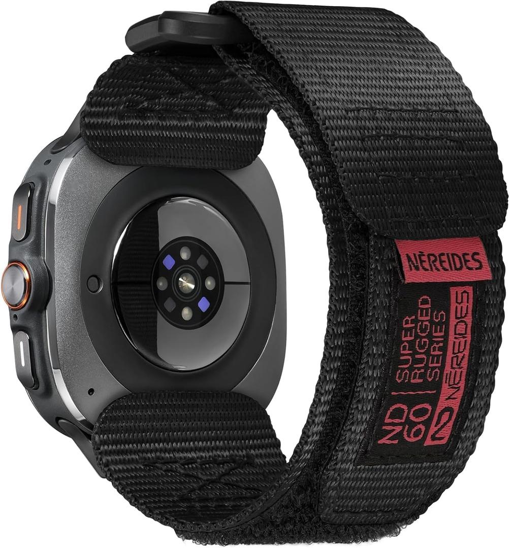 Nereides Rugged Nylon Band for Samsung Galaxy Watch Ultra (2025/2024) 47mm, One-Click No Gap Woven Fabric Strap, Adjustable Sport Wristband for Men Women (Black)