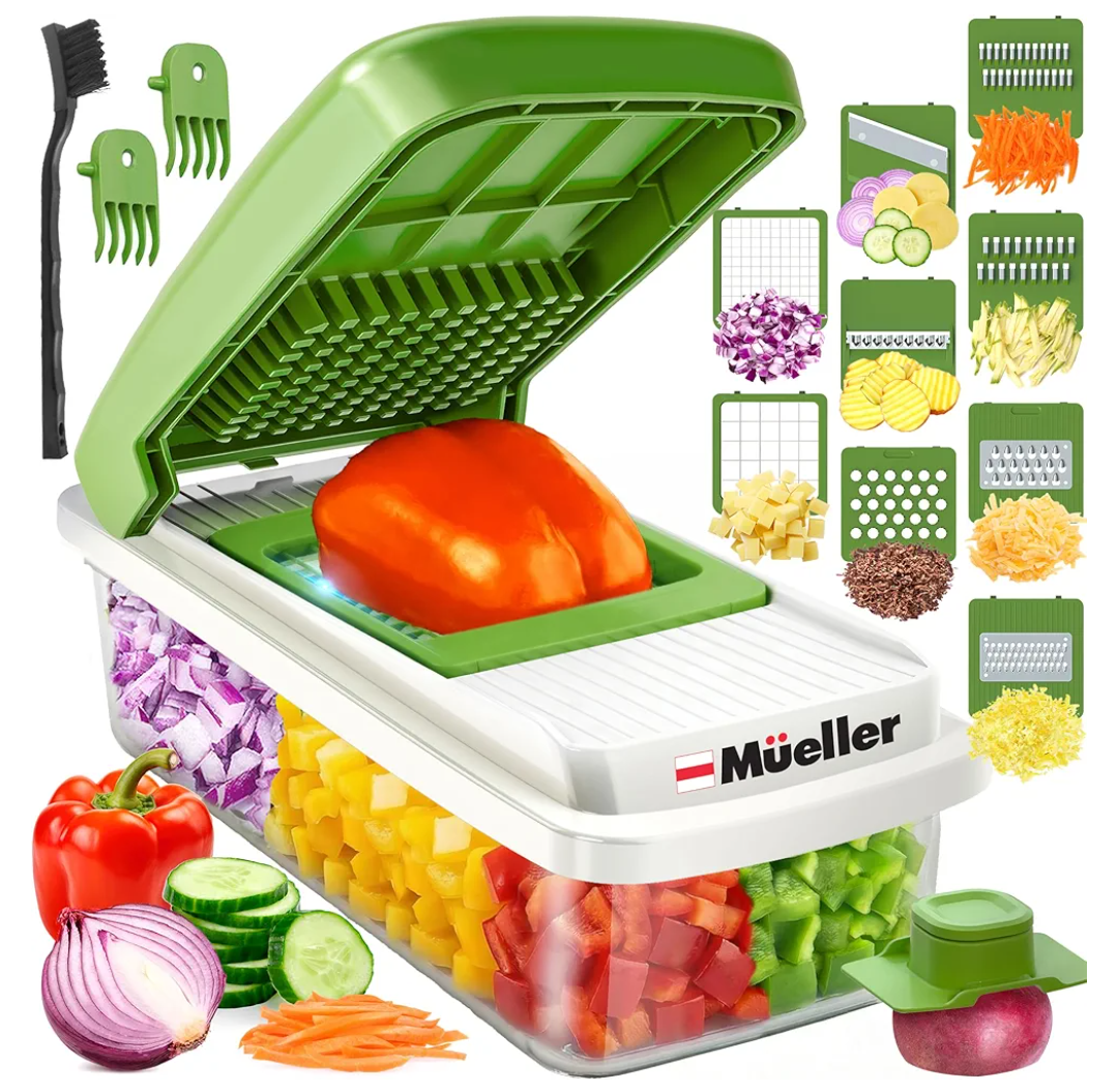 Mueller Vegetable Chopper 9 Blade, Mandoline Slicer, Food Veggie Chopper, Cheese Grater, Onion Vegetable Cutter with Container, Dicer, Kitchen Gadgets & Essentials, White Sand/Green