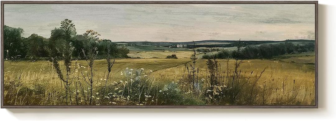 Extra Large Framed Landscape Rustic Wall Art for Living Room, Vintage Scenery Canvas Artwork Prints, Countryside Vast Field Grassland Picture Farmhouse Country Painting for Bedroom Decor 16x48 Inch (Wilderness)