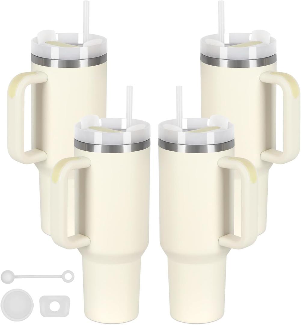 4 Pack 40 Oz Tumbler with Handle Bulk, Double Wall Vacuum Insulated Stainless Steel Tumbler with Lid and Straw, 40 oz cup with Silicone Spill Proof Stopper Set (Cream)