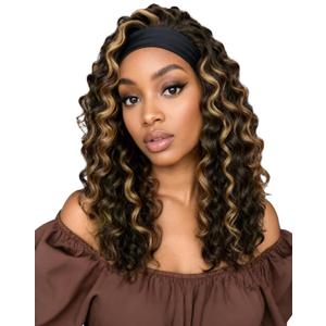 QUEENTAS 16 Inch Deep Wave Curly Headband Wig, #4/27 Brown Honey Blonde Highlight for Black Women, Glueless Wear & Go Shoulder Length Bob Wig, Synthetic Beginner-Friendly Daily Wear