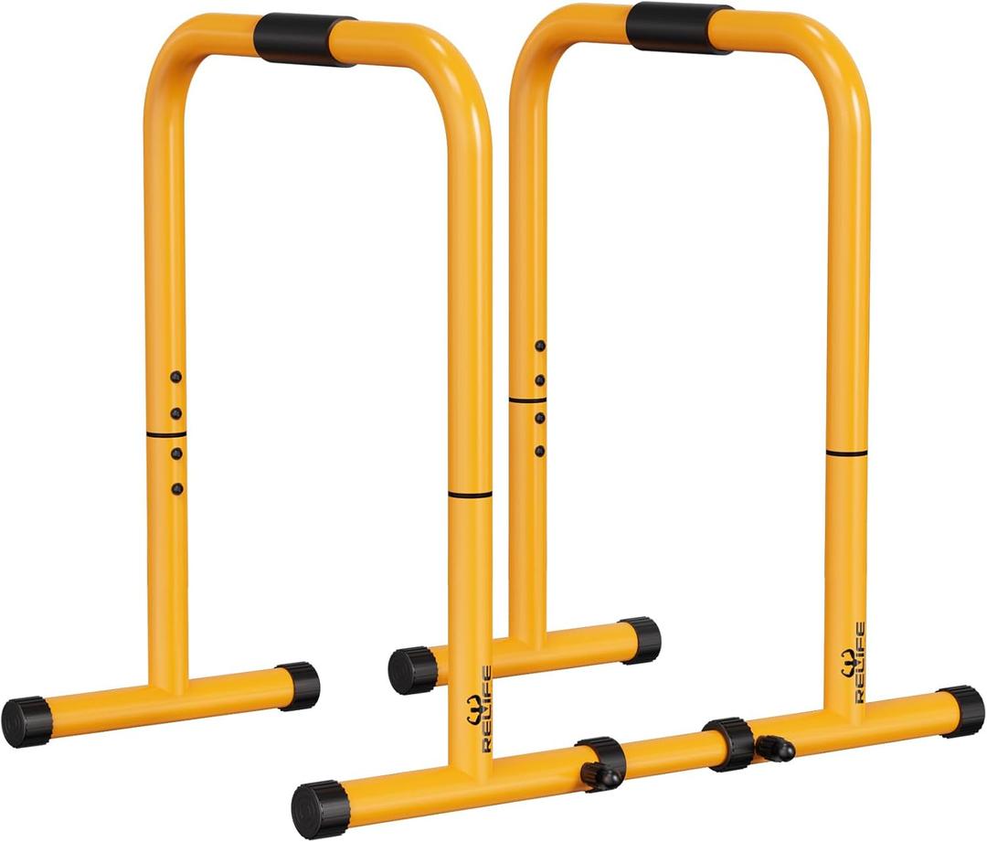 RELIFE REBUILD YOUR LIFE Dip Station Functional Heavy Duty Dip Stands Fitness Workout Dip bar Station Stabilizer Parallette Push Up Stand (Yellow)