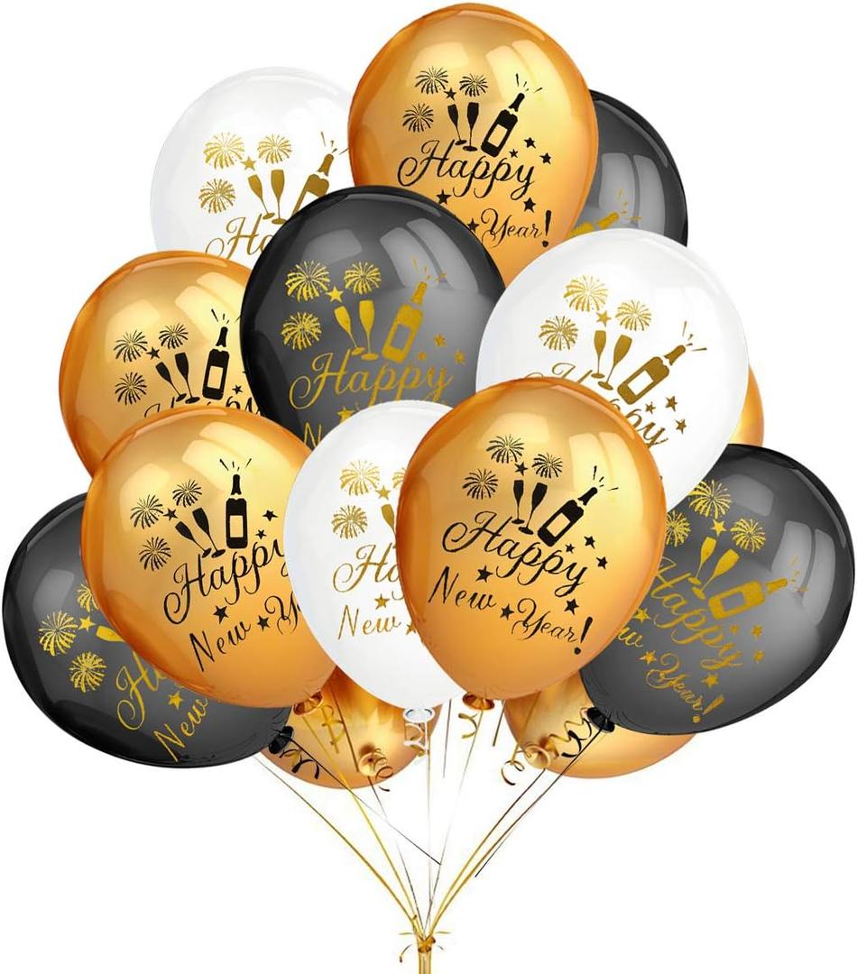 50Pcs Gold Black and White Happy New Year Eve Balloons 2026 New Year Balloons New Years Eve Party Balloons for Happy New Years 2026 Decorations