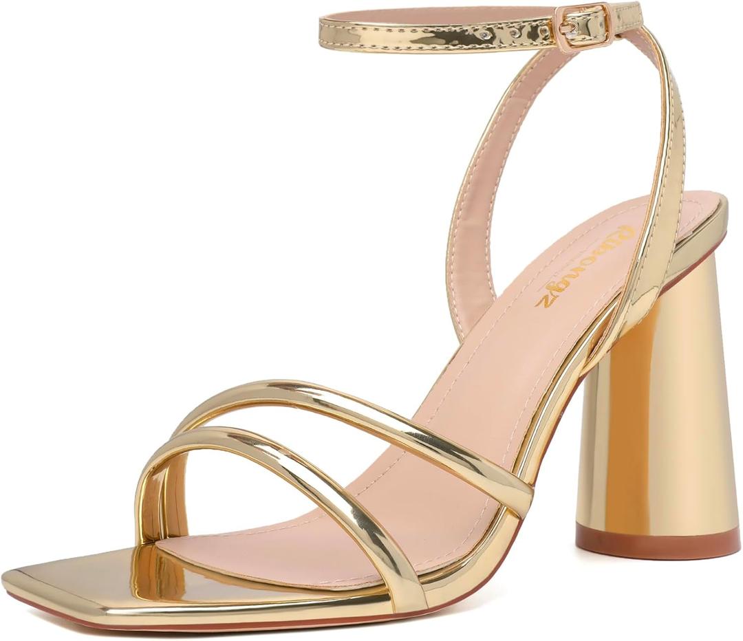 RIBONGZ Block Heels Prom Heeled Sandals for Women Chunky Square Open Toe Strappy High Heels Ankle Strap Wedding Bridal Shoes High Heel Sandals for Party Dress (10, Gold)