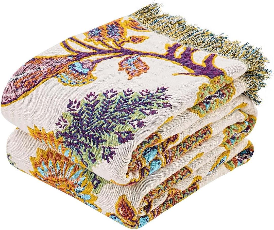 XIBLC Boho Throw Blanket for Bed, 100% Cotton Soft Rustic Quilt Fall Blanket, 60"x80" Floral Printed Farmhouse Decor Bed Blankets, All Season Rustic Reversible Bohemian Throw Quilt