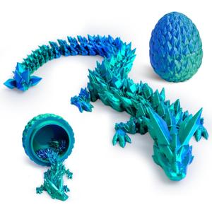 3D Printed Dragon Egg with 12" Dragon Inside - Flexible Crystal Dinosaur, Easter Egg, Easter Basket Stuffers,Desk Fidget Toy, Figure Decor(Green Mix Blue)