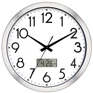 Wall Clock, 14" Large Dial Non-Ticking Silent Battery Operated Analog with LCD Display for Perpetual Calendar and F Temperature, Ideal Modern Home, Bedroom, Kitchen, Office Decor (Silver)