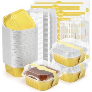 Ruckae 5oz 100 Pcs Square Mini Loaf Pans with LidsDisposable Foil Dessert Containers,Mini Cake Pans with Lids,Aluminum Dessert Cups for Parties and Weddings (Gold, 5oz)