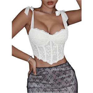SHENHE Women's Tie Back Floral Lace Bustier Corset Top Tie Shoulder Sexy Crop Top Camisole (Large, White)