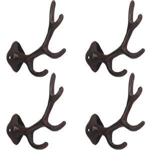 Chumia 4 Pcs Rustic Cast Iron Coat Hooks Wall Mounted Farmhouse Deer Antler Hooks 5.6 Inch 4 Points Heavy Duty Decorative Vintage Wall Hangers for Coats Keys Bags Hats Towels (Brown)