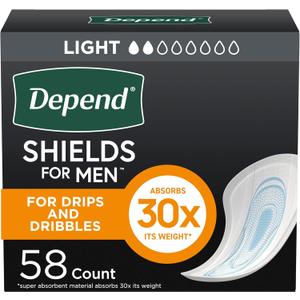 Depend Shields Incontinence Pads for Men, Light Absorbency, 58 Count (One Size)
