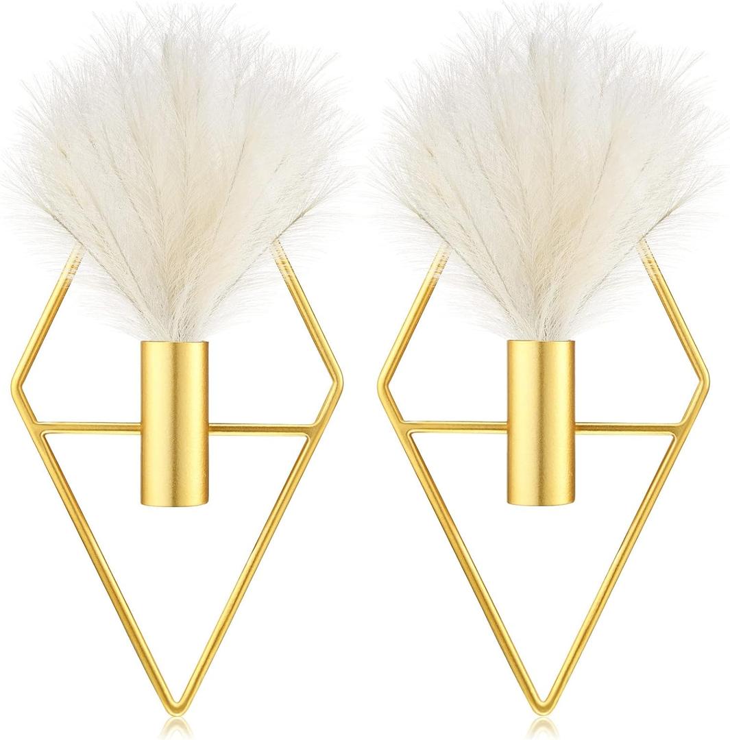 Peryiter 2 Pcs Boho Wall Decor Metal Gold Wall Art Hanging Planters with Artificial Pampas Modern Home Decor Display Art for Living Room Bedroom Bathroom(Rhombus)