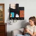 Bedside Shelf Wall Mount, Adhesive Bedside Shelf Accessories Organizer with Hooks and Cable Clips,Dorm Bedside Wall Storage for Phone, Remote, Earphone,Plastic (Black)