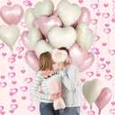 3 x Pink White Heart Balloons, 24Pcs 18Inch Baby Pink Cream White Foil Shaped Love Balloons and 50Pcs Hanging Streamer for Valentine's Day Decorations, Birthday, Wedding Party