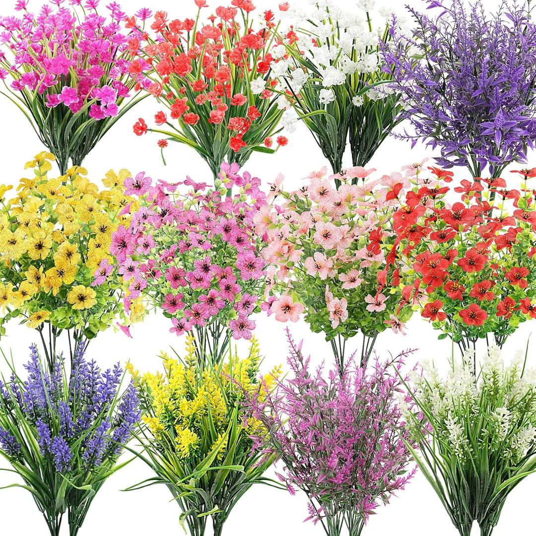24 Bundles Artificial Flowers for Outdoor Decor - UV Resistant faux flowers with Eucalyptus & Fake Lavender Greenery Plants for Indoor Garden Patio Porch Window Box Home Outside Hanging Decoration